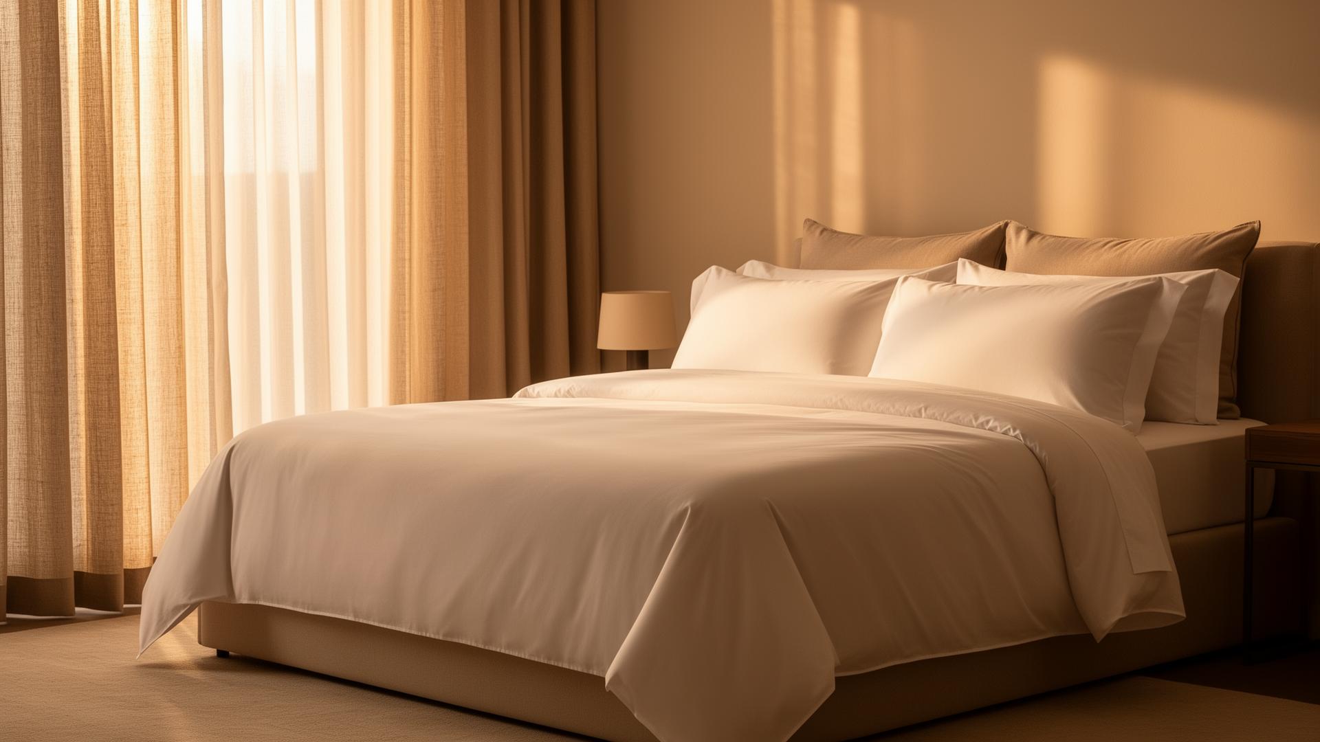 Luxe Egyptisch katoenen beddengoed in een warm verlichte slaapkamer